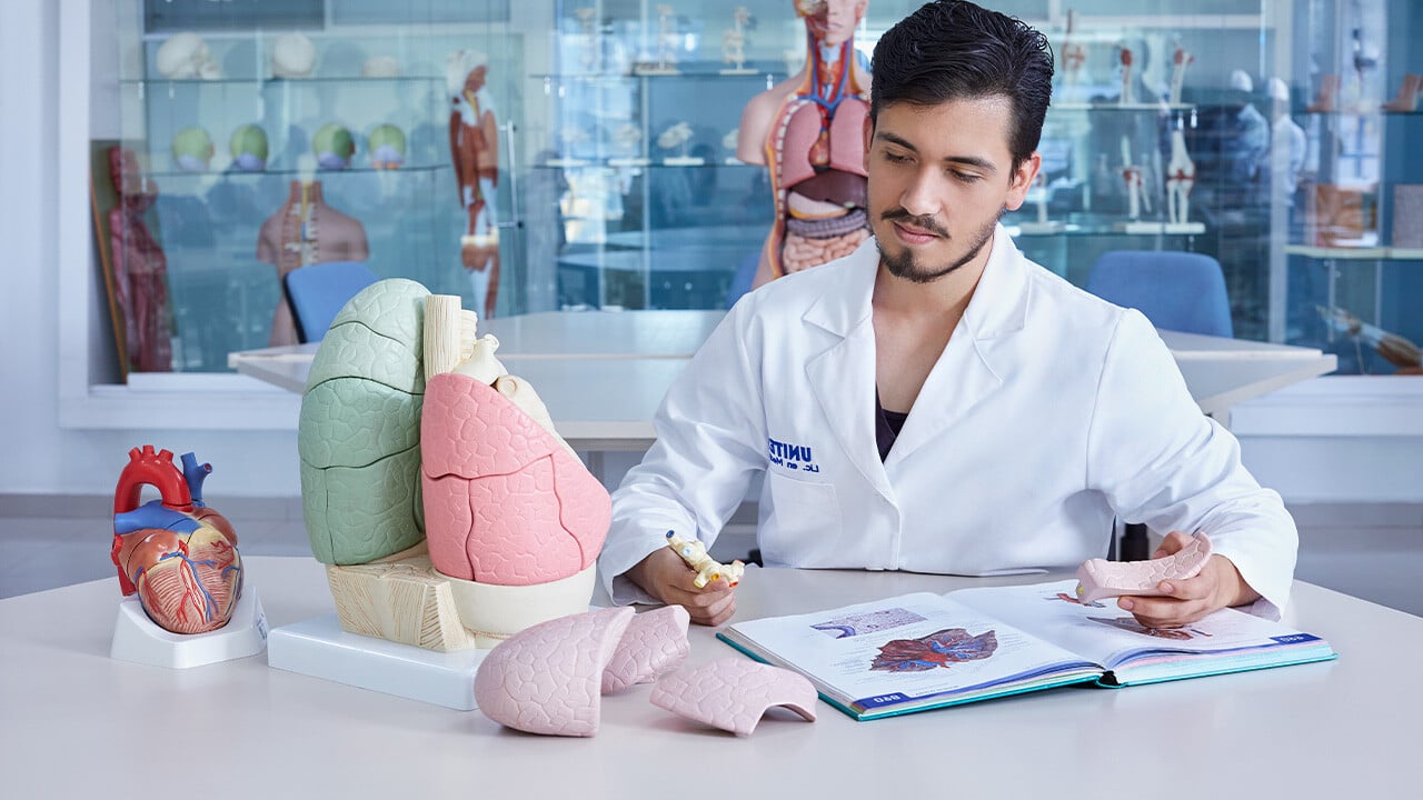 Estudiante de medicina en clase de anatomía 