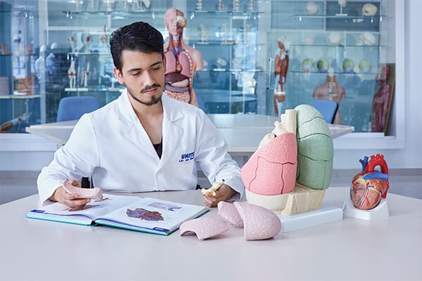 Estudiantes en laboratorio de estructura y función de la medicina en UNITEC